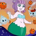  belly blue_eyes blush breasts cala_maria_(cuphead) cuphead_(game) curvy ghost grin highres hips looking_at_viewer mermaid monster_girl navel octopus open_mouth pinup plump puffer_fish purple_hair shell shell_bikini simple_background small_breasts smile teeth tentacle_hair warren_blakely wide_hips 