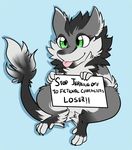  4_fingers 4_toes absurd_res ambiguous_gender ankle_tuft blep blue_background cheek_tuft chibi digital_drawing_(artwork) digital_media_(artwork) digitigrade english_text feral feralized fluffy fur green_eyes grey_fur hi_res holding_object holding_sign humor joke lol_comments looking_forward mane nude paws semi-anthro sergal sign simple_background sitting smile solo tail_tuft text toes tongue tongue_out tuft unknown_artist white_fur 