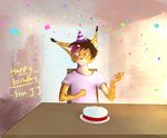  arlen birthday breakfast bruskit cake candle cat clothing confetti feline food gift hat lynx mammal party_hat shirt simple_background smile table 
