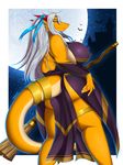  2017 5_fingers aisyah_zaskia_harnny anthro bat big_breasts biped black_eyebrows border breasts broom butt_pose castle claws clothed clothing digital_media_(artwork) dragon dress eyebrows eyelashes female full_moon hair halloween harnny hi_res holding_object holidays horn huge_breasts legband long_hair long_tail looking_at_viewer looking_back magic_user mammal moon multicolored_scales multicolored_tail night outside_border portrait rear_view red_horn ribbons scales scalie signature sky solo standing star starry_sky tail_ring tan_scales tan_tail thick_tail three-quarter_portrait two_tone_scales two_tone_tail white_border white_claws white_hair white_scales witch yellow_eyes yellow_scales yellow_tail 
