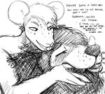  2017 anthro black_and_white blush canine dialogue duo english_text eyes_closed finger_in_mouth hair hladilnik interspecies male male/male mammal moan monochrome open_mouth rat rodent simple_background size_difference small_dom_big_sub smile text tongue wolf 