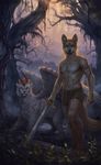  2017 anthro barefoot black_nose brown_eyes brown_fur canine cat clothed clothing day detailed_background digital_media_(artwork) digitigrade duo feline feral fur holding_object holding_weapon holding_weapons latex_(artist) mammal melee_weapon outside sword topless weapon were werewolf whiskers white_fur word yellow_eyes 