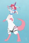  3_toes absurd_res blue_eyes breasts canine claws clothing eeveelution evilkitsune71290 female hair hi_res mammal nintendo nipples open_mouth pink_claws pok&eacute;mon pok&eacute;mon_(species) red_hair sylveon taur toe_claws toes torn_clothing transformation video_games watermark 