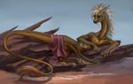  2017 akineza claws day digital_media_(artwork) dragon fur furred_dragon green_hair hair lying male outside rock sky solo towel white_hair 