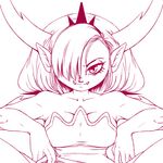  2017 breasts cleavage clothed clothing crown cute_fangs demon female hair hair_over_eye hekapoo horn humanoid looking_at_viewer monochrome not_furry plagueofgripes pointy_ears red_and_white simple_background smile solo star_vs._the_forces_of_evil white_background 