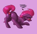  alorix anal anal_penetration anus blush buttplug english_text equine female green_eyes hair horn looking_back mammal my_little_pony my_little_pony_the_movie penetration pink_hair pussy sex_toy solo tempest_shadow_(mlp) text unicorn 