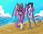  anthro beach bikini black_hair blue_hair clothing cloud dessert detailed_background dragon duo female fish food hair ice_cream marine markings marsha_twilight midriff open_mouth purple_eyes sand seaside shark sky sling_bikini swimsuit terikressner walking water wave wide_hips wmdiscovery93 yellow_eyes 