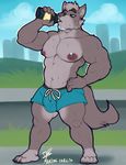  anthro bulge canine clothed clothing male mammal marlon.cores muscular muscular_male outside solo standing sweat topless water_bottle 