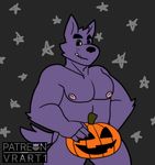  2017 5_fingers anthro bernard_(ok_k.o.!_lbh) biceps black_claws black_eyes black_nose canine cartoon_network chest_tuft claws digital_media_(artwork) fangs food front_view fruit fur halloween hand_on_hip holding_object holidays looking_at_viewer male mammal muscular nipples nude ok_k.o.!_let&#039;s_be_heroes pecs pumpkin purple_fur solo standing star teeth tuft v--r were werewolf yellow_sclera 