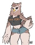  avian beak bird breasts brown_feathers cleavage clothed clothing cutoffs denim_shorts english_text feathers female great_horned_owl humor mittensmcgee owl pun sarah_(mittensmcgee) shorts simple_background solo tan_feathers text white_background 
