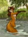  2017 anthro bathing breasts brown_hair butt_pose canine caribou_(artist) day detailed_background digital_media_(artwork) featureless_breasts female fox fur hair mammal nude outside partially_submerged side_boob solo water 