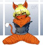  2017 anthro blonde_hair blush bottomless breasts cat clothed clothing cub desertkaiju digital_media_(artwork) feline female fur hair hoodie looking_at_viewer mammal open_mouth orange_fur simple_background smile solo stripes tiger young 