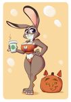  2017 3_toes 4_fingers anthro beverage big_breasts breasts cleavage cleavage_cutout clothed clothing coffee dipstick_ears disney eyelashes female food fruit hand_on_hip holding_object joelasko judy_hopps lagomorph looking_at_viewer mammal pink_nose pumpkin purple_eyes rabbit solo toes zootopia 
