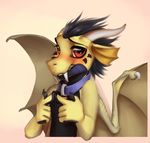  2017 5_fingers akineza ambiguous_gender anthro black_hair blush collar digital_media_(artwork) dragon fangs hair horn membranous_wings red_eyes sabertooth_(feature) scalie simple_background solo western_dragon wings 