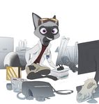  2017 anthro bag belt canine clothed clothing coffee_mug computer dipstick_tail disney english_text eyewear fan_character fox gas_mask goggles goggles_on_head holding_object lab_coat laptop leon_(lgarniger) male mammal mask monitor multicolored_tail name_tag paper pen purple_eyes simple_background sitting skull smile text white_background yitexity zootopia 