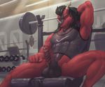  anthro balls bottomless clothed clothing dragon erection gym horn kaynine looking_at_viewer male muscular muscular_male shirt sitting smile solo spread_legs spreading tank_top 