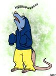  2017 abstract_background ambiguous_gender anthro barefoot blue_fur buckteeth clothed clothing feet fur grey_fur hoodie mammal norve open_mouth oversized_clothing pants pink_nose rat ratte rodent signature solo standing teeth vertical_bar_eyes 