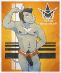  2014 anthro biceps clothing digital_media_(artwork) english_text erection green_eyes hair horn male mammal muscular muscular_male navel nipples pecs penis piercing rhinoceros simple_background smile solo standing text underwear zawmg 