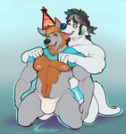  anthro beard blush bulge canine clothing duo facial_hair hairy hat kneeling male mammal marlon.cores muscular muscular_male nipples open_mouth party_hat shirt_up smile tongue tongue_out underwear 