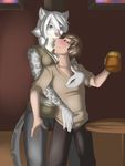  alcohol anthro bar bedroom_eyes beverage blush clothed clothing digital_media_(artwork) duo feline female fur hair half-closed_eyes holding_(disambiguation) holding_object human inside interspecies larger_female leopard male male/female mammal reach_around seductive size_difference smaller_male smile snow_leopard standing table ziggie13 