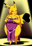  big_breasts bracelet breasts cleft_tail clothing cosplay_pikachu crovirus female flower footwear high_heels jewelry lipstick looking_at_viewer makeup nintendo pikachu plant pok&eacute;mon pok&eacute;mon_(species) purple_dress ribbons shoes solo sparkle spotlight video_games 