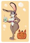  2017 3_toes 4_fingers anthro beverage big_breasts breasts coffee dipstick_ears disney eyelashes female food fruit hand_on_hip holding_object joelasko judy_hopps lagomorph looking_at_viewer mammal navel nipples nude pink_nose pumpkin purple_eyes pussy rabbit solo toes zootopia 