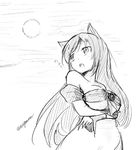  animal_ears bare_shoulders breasts brooch crossed_arms dress dutch_angle fang from_below greyscale imaizumi_kagerou jewelry long_hair long_sleeves looking_back looking_to_the_side medium_breasts monochrome moon open_mouth sketch tail taurine_8000mg touhou twitter_username wolf_ears wolf_tail 