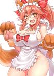  :3 absurdres animal_ears apron bell bell_collar blush_stickers breasts cleavage collar covered_nipples fang fate/extra fate/grand_order fate_(series) fox_ears fox_tail gloves hair_ribbon highres jpeg_artifacts large_breasts long_hair looking_at_viewer maid_headdress naked_apron open_mouth paw_gloves paws pink_hair ribbon sideboob simple_background solo tail tamamo_(fate)_(all) tamamo_cat_(fate) thighs togin white_background yellow_eyes 