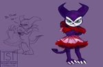  2015 annoyed anthro blush claws clothed clothing crossdressing digimon dress english_text gloves hi_res impmon male signature simple_background solo text thestory-tellers toony 