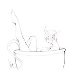  2017 bathing breasts cauldron demon eyes_closed female hair helga_(urw) horn humanoid long_ears monochrome not_furry nude pointy_ears raised_leg short_hair simple_background sketch solo spade_tail urw wet white_background 