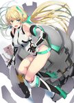  :d angela_balzac black_gloves blonde_hair breasts covered_navel deva_battle_suit elbow_gloves gloves green_eyes hareno_chiame headgear high_heels highleg highleg_leotard impossible_clothes impossible_leotard kneehighs large_breasts leotard long_hair low_twintails mecha open_mouth rakuen_tsuihou smile solo thigh_strap tsurime twintails very_long_hair 