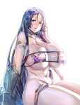  bare_shoulders bikini blush bow_(bhp) breasts choker collarbone commentary_request cowboy_shot eyepatch_bikini fate/grand_order fate_(series) huge_breasts long_hair looking_at_viewer minamoto_no_raikou_(fate/grand_order) minamoto_no_raikou_(swimsuit_lancer)_(fate) parted_lips purple_bikini purple_hair smile solo swimsuit very_long_hair 