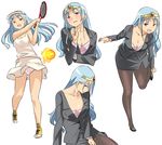  alternate_costume black_skirt blue_hair blush breasts circlet cleavage dragon_quest dragon_quest_iii formal imaichi long_hair medium_breasts multiple_views open_mouth panties pantyhose pencil_skirt red_eyes sage_(dq3) skirt skirt_suit smile suit underwear 