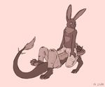  2012 anthro barefoot catwolf cirez clothed clothing dragon duo kneeling lagomorph looking_back lying male mammal on_back on_ground partially_clothed pinned rabbit reptile scalie sitting sitting_on straddling 