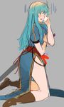  aqua_hair armor ass blue_eyes blue_hair blush breasts cape commentary cosplay eirika fire_emblem fire_emblem:_rekka_no_ken fire_emblem:_seima_no_kouseki fire_emblem_heroes gloves hair_over_one_eye highres long_hair looking_at_viewer lyndis_(fire_emblem) lyndis_(fire_emblem)_(cosplay) ormille skirt smile solo thighhighs very_long_hair 