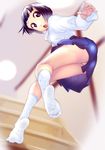  black_hair blue_eyes bowl_cut feet highres long_sleeves open_mouth original pleated_skirt shirt short_hair skirt socks soles solo soon toes 