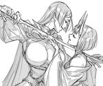  breasts cape face-to-face fate/grand_order fate_(series) greyscale horns komo_(sleepy) large_breasts minamoto_no_raikou_(fate/grand_order) monochrome multiple_girls oni oni_horns shuten_douji_(fate/grand_order) sketch sword weapon 