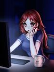  arm_support bangs blush breasts brown_eyes chair closed_mouth coffee_mug computer cup cuphead cuphead_(game) dark_background food gigamessy hand_on_own_cheek indoors keyboard_(computer) lips long_hair medium_breasts mouth_hold mug mugman original parted_bangs pocky purple_shirt red_hair reflection reflective_eyes shirt short_sleeves sitting smile solo table tareme upper_body 