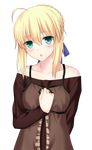  absurdres ahoge alternate_costume arm_behind_back artoria_pendragon_(all) blonde_hair breasts commentary_request cowboy_shot eyebrows_visible_through_hair fate/hollow_ataraxia fate/stay_night fate_(series) green_eyes hair_between_eyes highres long_sleeves looking_at_viewer off_shoulder reimei_(seiga) saber small_breasts solo transparent_background 