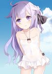  adapted_costume ahoge alternate_costume arms_behind_back azur_lane blue_sky cloud cloudy_sky collarbone commentary_request covered_navel day hair_ribbon highres long_hair looking_at_viewer parted_lips purple_eyes purple_hair ribbon satsukinapo sky solo swimsuit unicorn_(azur_lane) white_swimsuit 