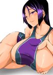  1girl areolae breasts collarbone fate/grand_order fate_(series) female highres huge_breasts long_hair lying megao_3rd minamoto_no_raikou_(fate/grand_order) nipple_slip nipples on_side one-piece_swimsuit puffy_nipples purple_eyes purple_hair purple_swimsuit sideboob simple_background solo swimsuit white_background 