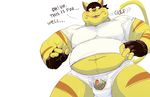  2017 anthro bdsm belly blush bondage bound briefs cage chance_furlong chastity chastity_cage clothing daire301 english_text feline fur gloves hi_res male mammal mask overweight penis shirt simple_background solo stripes swat_kats text tighty_whities underwear whiskers white_background yellow_fur 