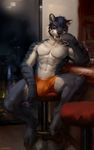  2017 abs anthro aolun_(character) black_fur bulge chunie city cityscape clothed clothing detailed_background digital_media_(artwork) fangs feline fur grey_fur hair hi_res inside looking_at_viewer male mammal multicolored_fur muscular navel night orange_eyes pecs saber-toothed_cat sabertooth_(feature) sitting smile solo stripes topless underwear white_fur window 