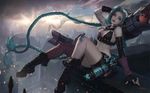  1girl absurdly_long_hair ammunition ammunition_belt arm_strap arm_tattoo asymmetrical_gloves bare_shoulders belt belt_buckle bikini_top blue_hair boots buckle bullet bullet_necklace city elbow_gloves fingerless_gloves gloves haren_(kim_han_seul) jinx_(league_of_legends) league_of_legends lipstick long_hair mismatched_gloves necklace pink_eyes pink_legwear short_shorts shorts single_thighhigh smile solo stomach_tattoo tattoo thigh_strap thighhighs twin_braids very_long_hair weapon 