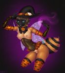  anthro arthropod bee bourbon._(artist) bow_tie breasts clothing corset female halloween hat holidays insect legwear lingerie nipples pussy solo stockings wide_hips witch_hat 