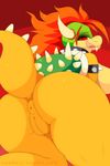  2017 anthro anus big_butt bowser breasts butt crossgender digital_drawing_(artwork) digital_media_(artwork) female hair hi_res horn koopa looking_at_viewer looking_back mario_bros napdust nintendo nude presenting presenting_hindquarters pussy scalie simple_background solo spikes tongue video_games wide_hips 