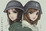  absurdres back-to-back black_hair blonde_hair brodie_helmet brown_eyes chito_(shoujo_shuumatsu_ryokou) coat copyright_name cross fleurdyles fur-trimmed_coat fur_trim green_eyes grey_background helmet highres light_frown lips looking_at_viewer medium_hair multiple_girls shoujo_shuumatsu_ryokou simple_background soldier stahlhelm tearing_up upper_body yuuri_(shoujo_shuumatsu_ryokou) 