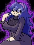  1girl @_@ ahoge al_bhed_eyes black_background blush breasts dress hand_up headband hex_maniac_(pokemon) highres large_breasts long_hair long_sleeves looking_at_viewer looking_down matching_hair/eyes npc_trainer outline pointing pointing_at_self pokemon pokemon_xy purple_background purple_eyes purple_hair simple_background sitting smile solo turtleneck turtleneck_dress two-tone_background 