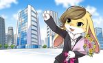  anthro bouquet brown_hair building business_suit clothing female fluffy fur green_eyes hair lagomorph mammal official_art open_mouth rabbit solo suit tenshoku_safari unknown_artist usagine_(tenshoku_safari) waving white_fur yellow_fur 