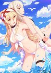  back-to-back bad_id bad_pixiv_id bikini black_bikini blonde_hair blue_sky breasts cleavage cloud cowboy_shot dated day fedsnk flat_chest front-tie_top lifting_person locked_arms medium_breasts multiple_girls original side-tie_bikini signature sky swimsuit wading water white_bikini yellow_eyes 